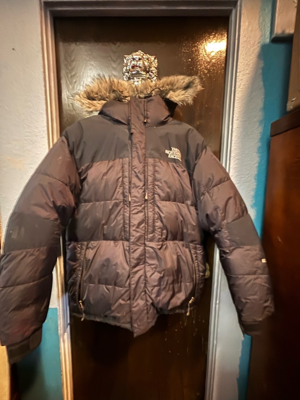 The North Face summit series charcoal Faux Fur-Trim Hooded Puffer Jacket.